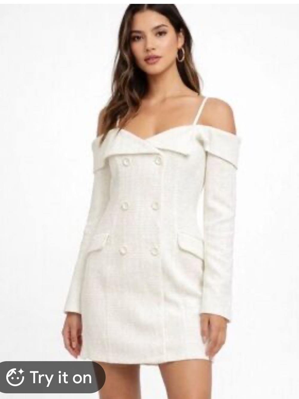 Reveuse White Tweed Off-The-Shoulder Double-Breasted Blazer Mini Dress
